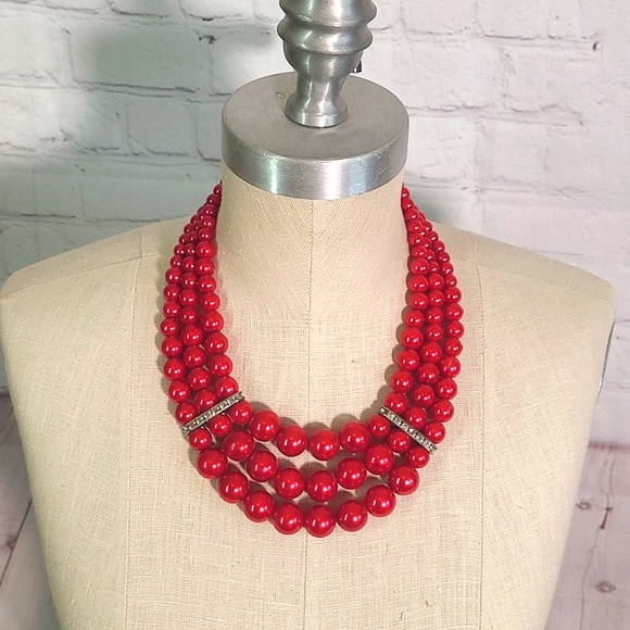 Kosmos Costume Jewelry Cranberry Blood Red Faux Pearl Three Strand Rhinestone - Picture 4 of 17
